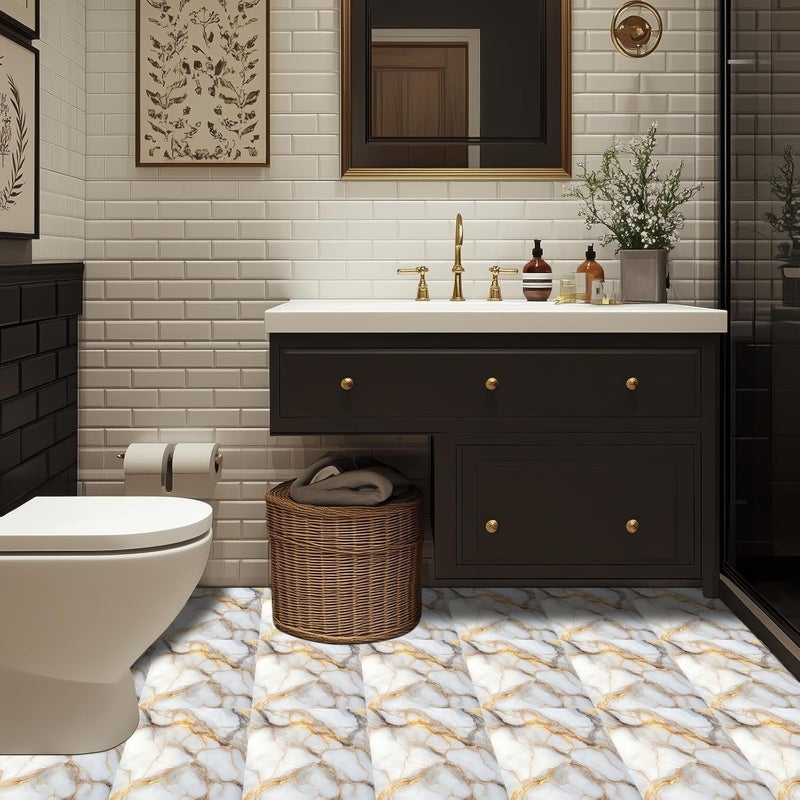 HOMETITUTE 10 قطع بلاط أرضيات ذات مظهر رخام ذهبي 12x12 بوصة قابل للإزالة ذاتي اللصق لحمام المدخل وزينة غرفة التجميل - Image 4